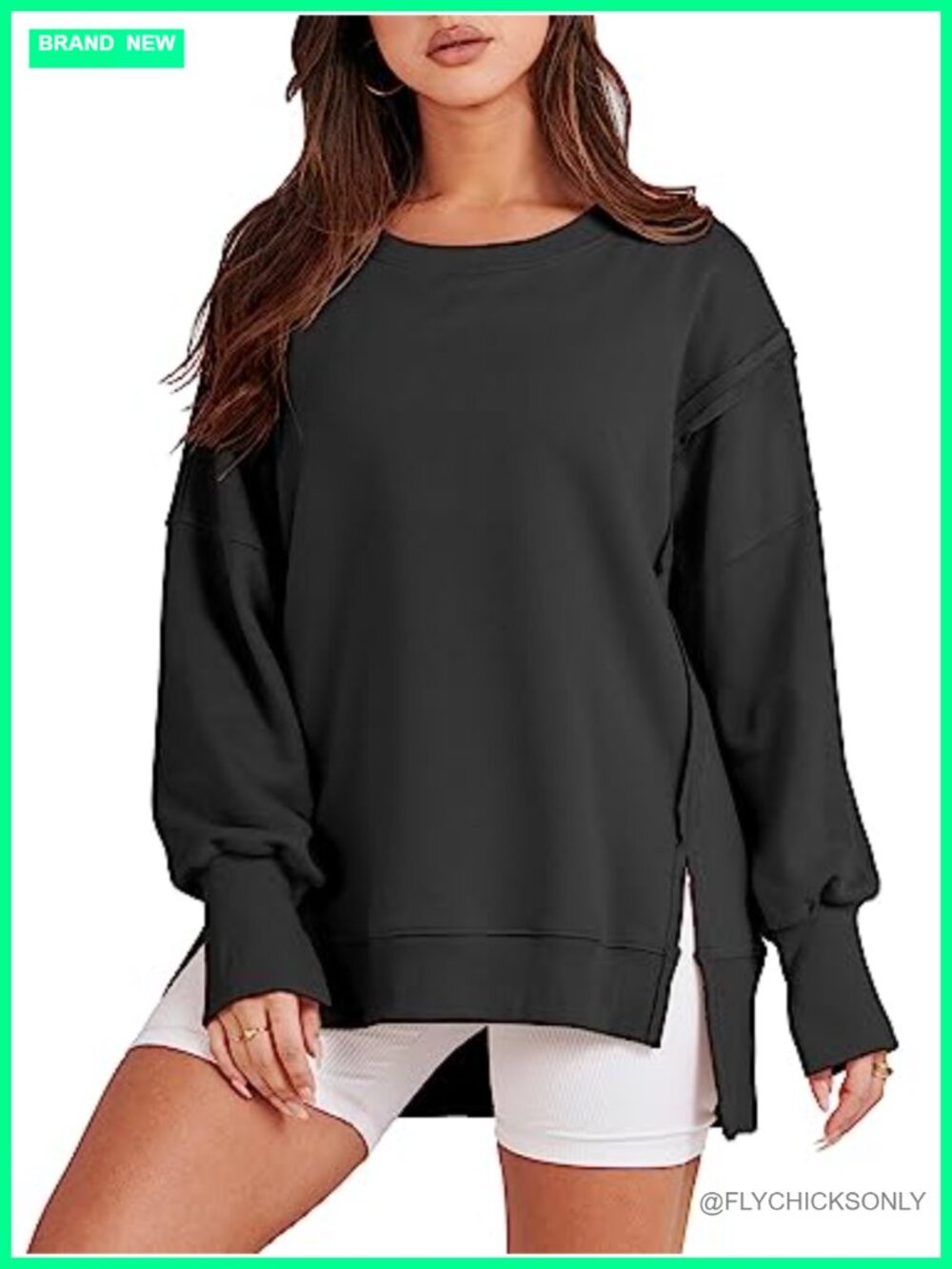 Oversized Crew Neck Sweatshirt Long Sleeve Slit Drop Shoulder Pullover